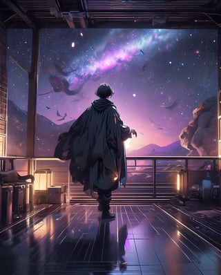cloak,Man staring at night sky ripe with red moon, Purple and red moon, Dark atmosphere, reflection::2,luxurious_cloaks,(masterpiece, best quality, ultra-detailed, 8K), Compose a breathtaking depiction of an asteroid suspended in the vast expanse of dark space. The scene unfolds with an awe-inspiring view of a solitary asteroid, its rugged surface illuminated by the distant glint of stars scattered across the cosmic canvas.

The asteroid stands as a solitary sentinel amidst the velvety darkness, its jagged edges and craggy terrain illuminated by the subtle glow of celestial bodies. Shadows dance across its pockmarked surface, hinting at eons of cosmic collisions and space-borne journeys.

Surrounded by the inky abyss, the asteroid takes center stage, commanding attention with its enigmatic presence. The cosmic silence amplifies the solemnity of this celestial body, inviting contemplation of the mysteries and wonders that reside within the depths of the cosmos. This depiction captures the serene beauty and quiet grandeur of an asteroid suspended in the infinite darkness of space.