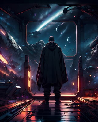 cloak,Man staring at night sky ripe with red moon, Purple and red moon, Dark atmosphere, reflection::2,luxurious_cloaks,(masterpiece, best quality, ultra-detailed, 8K), Compose a breathtaking depiction of an asteroid suspended in the vast expanse of dark space. The scene unfolds with an awe-inspiring view of a solitary asteroid, its rugged surface illuminated by the distant glint of stars scattered across the cosmic canvas.

The asteroid stands as a solitary sentinel amidst the velvety darkness, its jagged edges and craggy terrain illuminated by the subtle glow of celestial bodies. Shadows dance across its pockmarked surface, hinting at eons of cosmic collisions and space-borne journeys.

Surrounded by the inky abyss, the asteroid takes center stage, commanding attention with its enigmatic presence. The cosmic silence amplifies the solemnity of this celestial body, inviting contemplation of the mysteries and wonders that reside within the depths of the cosmos. This depiction captures the serene beauty and quiet grandeur of an asteroid suspended in the infinite darkness of space.