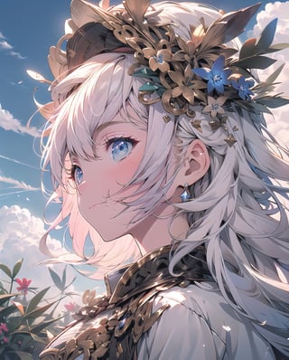 granblue_fantasy, medieval, fantasy, (blue sky and white clouds background), 1 male knight on the left, 1 female knight on the right, outdoors, open grassland, symmetrical composition, low-angle shooting, zoom in, the most beautiful image I have ever seen, wide angle , distant view, looking up