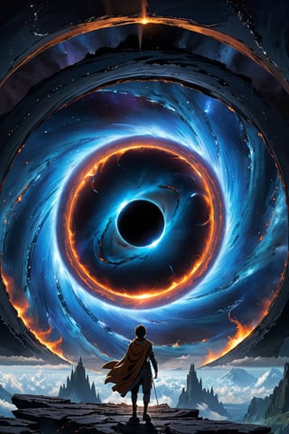 (best quality:1.3),(masterpiece:1.15), (ultra-detailed:1.26), (4k res), A man walks towards a black hole, with a dramatic, cinematic and epic fantasy vibe. The scene depicts a portal to an isekai, with a dark, backlit atmosphere and a gravity-defying interpretation of deep space