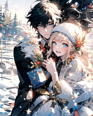 masterpiece, girl and boy, christmas, holding presents, happy, snow, winter,1guy,midjourney