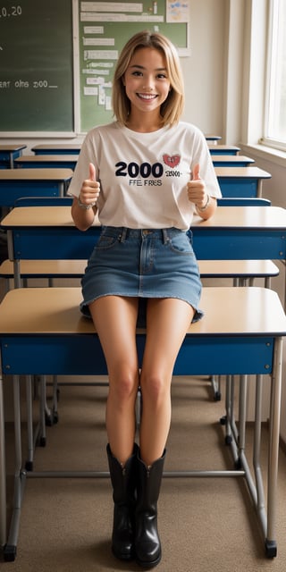 A cinematic shot of a cute ((blond french girl)) sitting on a school table, ((thumbs-up:1.3)), dressed in small boots, a loose short crop t-shirt (((with the text "2000" written across it))), and a miniskirt. The warm, vibrant color palette is enhanced by bokeh lighting, creating a highly detailed and photorealistic image. Her bright smile captures the viewer's attention as she sits comfortably on the table, surrounded by the hum of a classroom atmosphere, with subtle texture and depth adding to the overall high-res, 1.2 megapixel quality.