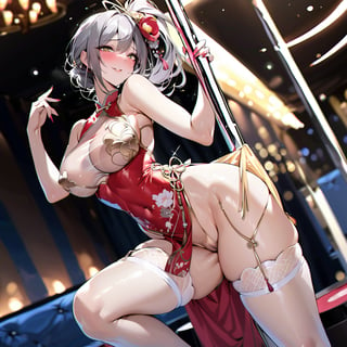 a mature lady, at a Luxurious pole dance club, sliver ponytail, ((sleeveless and high-slit cheongsam)), ((see-through cheongsam with sexy design)), (sheer short stockings), nice legs and sexy body, Showing off her body enthusiastically , Exaggerated body curves, dynamic pose, slutty smile, full-face blush, (masterpiece), best quality, highly detailed, 4k resolution,