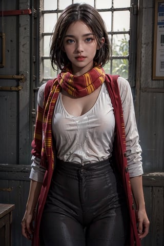 photorealistic, high resolution, soft light,1women, solo, hips up, shining skin, (detailed face), jewelry, A-line haircut, blue eyes, hogrobe, hogrobe, hogscarf, hogbrezwer, hogshirt, hogsweater, gryffindor, white teeth, smiling, see_through white top, pink nipple, bottomless, breasts_exposed, exposed_pussy, leggings