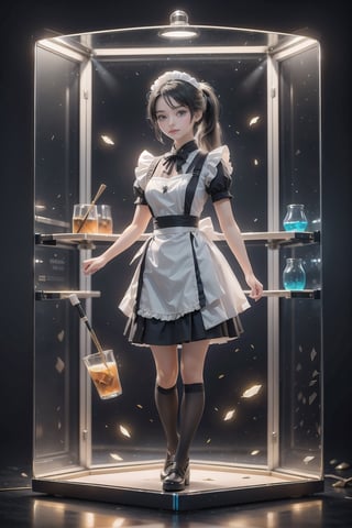 The 3D printer prints a work (Full body). The work is a maid uniform girl who is using a smaller 3D printer to print her own mini clone. black, white, metalic golden color. (long ponytail black hair), There are some cool accessories around it, creating a fashionable and magical atmosphere. The parts of the 3D printer are very complete and clear, with transparent glass on all sides and a neon effect on the frame. Combined with the display effect of 3D holographic projection, KnollingCaseQuiron style,Maid uniform