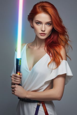 Masterpiece;realistic, a lady (European Supermodel), beautiful, i
(holding rainbow color lightsaber), red hair,half body,epic shot, nice hand, perfect hand,