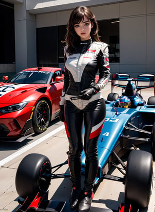 (((masterpiece))), (((Photography))), (((Ultrarealistic))), (((best quality))), ((Full body, Car side view)), (((a formula racing car))), standing besides the formula racing car, (winning pose), (trophy),  sharp eyes, happiness, trophy, ((helmet)), ((gloves), ((black Sci-fi uniform, leather)),  solo, 1girl, most beautiful, big tits, slim figure, lora:girllikeformularacing:1, 