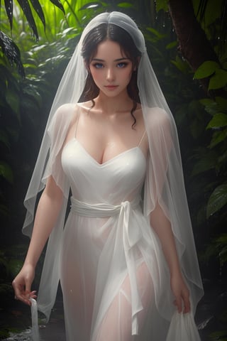  (masterpiece, RAW, 32K, UHD, hyper realistic, best quality), (masterpiece, top quality, best quality, official art, beautiful and aesthetic:1.2), hdr, high contrast, wideshot,, a mystical lady getting wet in the middle of rainforest, raining heavily, makeup washed away by the rain water,Veil, very sexy transparent dress,