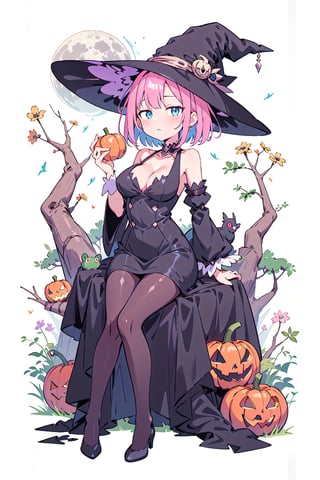 manga, 1girl, solo female,  flat chest,  halloween, pumpkins, raven, frog, dark forest, candy bag, sitting, black dress, bare shoulders, black_pantyhose, midnight, fullmoon,(black_magic gown:1.5),(black_witch hat:1.5),
(blue eyes, pink hair, medium hair,straight hair, big breasts,sole_female,solo),yui,
anime, full_body,(illustration,masterpiece,top quality, best quality),((SFW:1.5)),looking at viewer,standing, origin,better witch