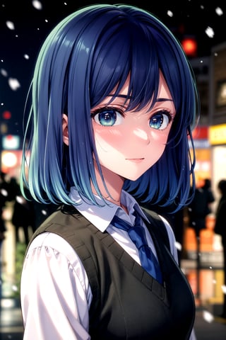 //Quality,
(masterpiece), (best quality), 8k illustration, wallpaper
,//Character,
1girl, solo
,//Fashion,
,//Background,
buildings, city, outdoors, sidewalk, japanese city, shibuya, night, nighttime, detailed_background, depth_of_field, lens flare, misty, foggy
,//Others,
akane, white shirt, sweater vest, black vest, blue necktie, upper body, portrait, bush, looking at viewer, beautiful lighting, light on face, akane, facing the light, falling_snow, snowing, ,masterpiece, dark, hand to own mouth, fingernails,