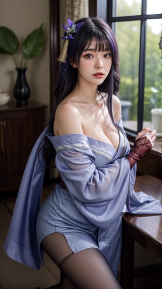 masterpiece, best quality, detailed Face, 1girl, (ulzzang-6500:0.75), Large breasts, solo, Sexy Cleavage, kimono, bangs, sash, mole, obi, tassel, blush, (purple eyes), japanese clothes, long hair, looking at viewer, (hair ornament), purple hair, ((bridal gauntlets)), closed mouth, (purple kimono), blue hair, mole under eye, shoulder armor, (long sleeves), (wide sleeves), mitsudomoe (shape), tomoe (symbol), (Cropped Leg Shot), Sexy Thick Legs, Pantyhose, (Perfectly Drawn Hands), (Close up Portrait), photorealistic,ultra detailed, indoor, side window, table,
