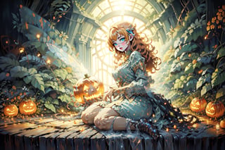 fairy with green eyes, with round glasses and curly orange hair, with a short body-length dress, a little sexy but without being vulgar, like that of a fairy and orange in color, with transparent wings like those of an insect sitting with a background forest, long hair, curly hair,
perfect legs, orange dress,nodf_lora,Rayearth,Jack o 'Lantern,DonMD34thM4g1c,holymagic