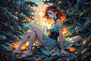 fairy with green eyes, with round glasses and curly orange hair, with a short body-length dress, a little sexy but without being vulgar, like that of a fairy and orange in color, with transparent wings like those of an insect sitting with a background forest, long hair, curly hair,
perfect legs, orange dress,nodf_lora,Rayearth,Jack o 'Lantern,DonMD34thM4g1c,holymagic,fantasy,magical energy,Magic Forest