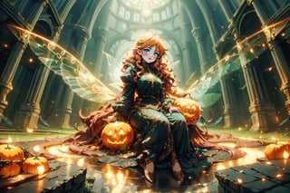 fairy with green eyes, with round glasses and curly orange hair, with a short body-length dress, a little sexy but without being vulgar, like that of a fairy and orange in color, with transparent wings like those of an insect sitting with a background forest, long hair, curly hair,
perfect legs, orange dress,nodf_lora,Rayearth,Jack o 'Lantern,DonMD34thM4g1c,holymagic,fantasy,magical energy