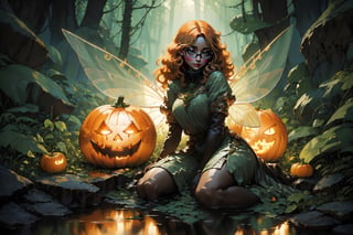 fairy with green eyes, with round glasses and curly orange hair, with a short body-length dress, a little sexy but without being vulgar, like that of a fairy and orange in color, with transparent wings like those of an insect sitting with a background forest, long hair, curly hair,
perfect legs, orange dress,nodf_lora,Rayearth,Jack o 'Lantern,DonMD34thM4g1c