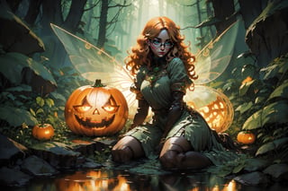 fairy with green eyes, with round glasses and curly orange hair, with a short body-length dress, a little sexy but without being vulgar, like that of a fairy and orange in color, with transparent wings like those of an insect sitting with a background forest, long hair, curly hair,
perfect legs, orange dress,nodf_lora,Rayearth,Jack o 'Lantern,DonMD34thM4g1c