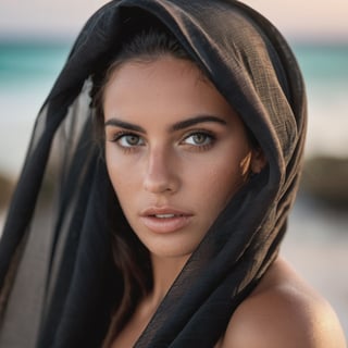 Imagine a woman argentinan covered by a transparent black big veil silk flying in the strong wind of tulum, natural grey eyes.

With a Canon f 5.6 lens in hyper sharp detail,  before the sunset, large pores, angry, tired eyes, many skin, soft freckles imperfections, pinterest, instagram, scars, reflections in the eyes, wrinkles in the skin, glossy lips,