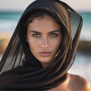 Imagine a woman argentinan covered by a transparent black big veil silk flying in the strong wind of tulum, natural grey eyes, black veil flying stronger, more breeze, covered face,

With a Canon f 5.6 lens in hyper sharp detail,  before the sunset, large pores, angry, tired eyes, many skin, soft freckles imperfections, pinterest, instagram, scars, reflections in the eyes, wrinkles in the skin, glossy lips,