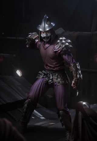 (cinematic:1.3), ((action pose, jumping towards viewer, fight action)), ((on a city rooftop at night, bokeh, realistic lighting, ray tracing, bloom:1.4)), ((masterpiece, best quality, highres, absurdres)), a high resolution RAW photo of ((a TMNTShredder 1man armored samurai knight with claw gauntlets)), , ((wearing a red-purple outfit with pauldrons and metal samurai helmet with mask)), ((muscular, fitness physique)), atmospheric, ((photorealism, photorealistic:1.4)), 8k, highly detailed, intricate detail