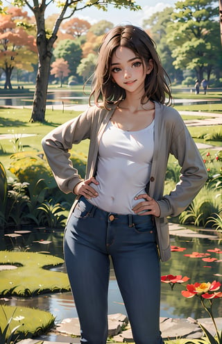 , long brown hair, brown eyes, slender, wearing casual clothing,long cardigan, jeans, looking at viewer, serious, smiling, standing, hands on hips, outside, park, trees, grass, pond, autumn, overcast, extreme detail, masterpiece, 