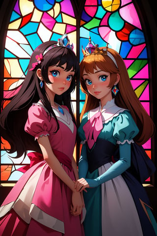 high quality, masterpiece, 2 girls, princesses, stained glass, pink, blue