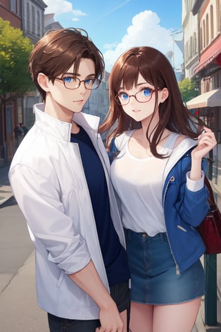 Masterpiece, highest quality, high brightness, 1 couple, brown hair, blue eyes, glasses, white shirt, blue jacket, town