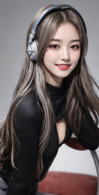warm light room Beautiful woman with silver long hair against a grey background.over-the-ear headphones Smile,black tights  pants top,Girl