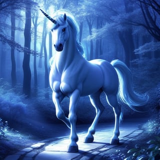 A majestic unicorn strolling on a moonlit forest path, surrounded by ethereal silver light and lush foliage, with a serene expression and a gentle, mystical aura.