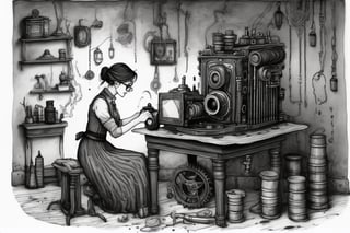 woman sitting at a smal table repairing a Camera , dripping paint,Edward Gorey Style page, camera parts on the ground, springs and machine gears around, steampunk glasses,Line art, ink, monochrome, black and white colors only
