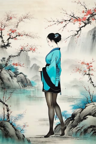 Ancient Chinese traditional ink painting landscape background, Chinese meticulous painting style beautiful woman wearing cyan top, front view, full body view, wearing black pantyhose,chinese_painting,Blackrealstockings