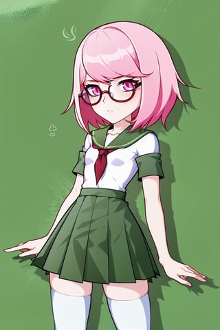 1 girl, solo, Saiki Kusuo, crimson eyes, pale pink hair, disheveled hair, sharp hair, short hair, spiky hair, prickly bangs, emotionless face, calm face, no emotions, cold face, Japanese school uniform, short green skirt, white shirt with short arms, green shirt collar, oval glasses, thin-rimmed glasses, black frames, matte lenses, the eyes are not visible behind the lenses of the glasses, white stockings, black flat shoes, perfect body, slim waist, thin shoulders, small breasts, moist skin, perfect body, abs, slim hips, elastic hips,

,USA,Mrploxykun