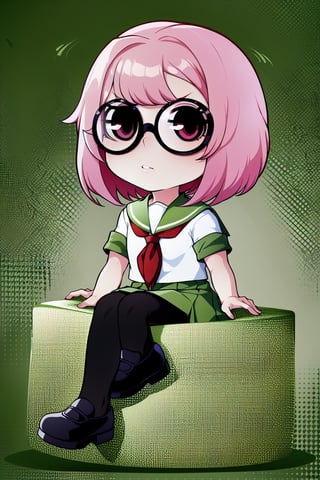 1 girl, solo, Saiki Kusuo, pale pink hair, disheveled hair, sharp hair, short hair, spiky hair, prickly bangs, emotionless face, calm face, no emotions, cold face, Japanese school uniform, short green skirt, white shirt with short arms, green shirt collar, oval glasses, thin-rimmed glasses, black frames, matte lenses, the eyes are not visible behind the lenses of the glasses, white stockings, black flat shoes, perfect body,

,