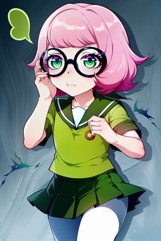 1 girl, solo, Saiki Kusuo, pale pink hair, disheveled hair, sharp hair, short hair, spiky hair, prickly bangs, emotionless face, calm face, no emotions, cold face, Japanese school uniform, short green skirt, white shirt with short arms, green shirt collar, oval glasses, thin-rimmed glasses, black frames, matte lenses, the eyes are not visible behind the lenses of the glasses, white stockings, black flat shoes, perfect body,

,