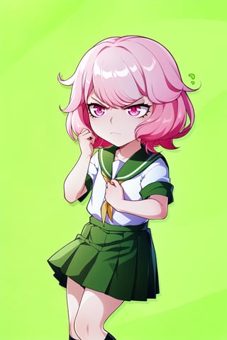 1 girl, solo, loli, Saiki Kusuo, pale pink hair, disheveled hair, pointed hair, short hair, crimson eyes, emotionless face, calm face, frowning eyes, Japanese school uniform, short green skirt, white shirt with short sleeves, green shirt collar,

,