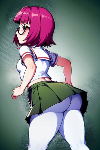 1 girl, solo, Saiki Kusuo, pale pink hair, disheveled hair, sharp hair, short hair, spiky hair, prickly bangs, emotionless face, calm face, no emotions, cold face, Japanese school uniform, short green skirt, white shirt with short arms, green shirt collar, oval glasses, thin-rimmed glasses, black frames, matte lenses, the eyes are not visible behind the lenses of the glasses, white stockings, black flat shoes, perfect body, plump ass, tight ass, sexy ass, perfect ass, slim waist, thin shoulders, small breasts, moist skin, perfect body, abs, detailed intimate places, slim hips, elastic hips,

,