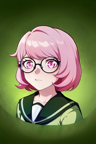 1 girl, solo, Saiki Kusuo, pale pink hair, disheveled hair, sharp hair, short hair, spiky hair, spiky bangs, crimson eyes, emotionless face, calm face, no emotions, cold face, Japanese school uniform, short green skirt, white shirt with short arms, green shirt collar, oval glasses, thin-rimmed glasses, black frame,

,