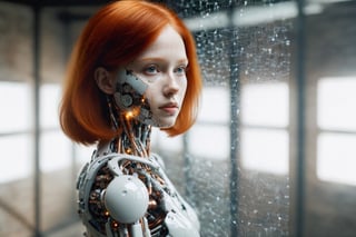 analogue_film low_key photography, In the visually captivating image, a redhead preteen girl stands in a spacious, sunlit loft, her gaze fixed intently on a holographic screen floating effortlessly before her. The girl, however, reveals an intricate secret; she is a humanoid robot, designed with a blend of stunning realism and advanced bionic technology. Her hair, fiery red and flowing softly over her shoulders, provides a stark contrast to the cool, metallic glimpses of bionic enhancements that peek out at the joints of her arms and legs. These areas are shielded by transparent covers, subtly revealing the complex network of gears and circuits beneath, which glisten as they function with seamless precision. The redhead girl's hair cascades down her shoulders in a vibrant display of fiery hues, ranging from deep auburn to bright copper. Each strand is meticulously crafted to mimic the texture and luster of real human hair, reflecting the light and creating a lively contrast against the more subdued tones of her surroundings. The hair moves with a natural fluidity, suggesting a sophistication in her design that blurs the lines between the biological and the mechanical. Her skin, meanwhile, is a masterpiece of bio-engineered perfection, possessing a soft, matte finish that resembles human skin closely. It is dotted with faint freckles that add a charming realism, particularly across the bridge of her nose and her cheeks, areas illuminated by the soft, natural light streaming through the loft's windows. The skin's texture is flawless yet demonstrably tactile; it even mimics the slight variations in color and thickness that one would expect in a real human, adding layers of authenticity to her appearance. While the majority of her skin appears entirely human, certain segments, such as around the joints, incorporate transparent materials that offer a glimpse into the sophisticated bionic mechanisms beneath. These sections shimmer with a subtle interplay of light, revealing the intricate networks of servos and hydraulics that animate her movements, juxtaposing vulnerability and strength in her design. The transparency is not just functional but adds an aesthetic quality, enhancing her enigmatic allure and the technological poetry of her existence. The loft around her is modern and minimally furnished, accentuating the blend of organic and synthetic within her. Large windows allow natural light to fill the room, highlighting the delicate freckles on her almost imperceptibly synthetic skin and the reflective surfaces of her mechanical parts. The girl's expression while reading the holographic screen is one of concentration and curiosity, a testament to the human-like intricacies of her design. Her eyes, vivid and green, show a depth of emotion, reflecting a soulful essence that transcends her mechanical nature. This image does not just display technological advancement but also evokes a sense of wonder and empathy. It challenges the viewer to discern where the boundary lies between human and machine, wrapped in the beauty of a scene that merges future with familiarity. two-light-setup for soft lighting ambiance, dreamy mood, half_profile, photography, masterpiece, award winning, taken by mamya_645, 80_mm_lens, Kodak Portra 400, photorealistic, volumetric lighting, hyper realistic, ultra realism