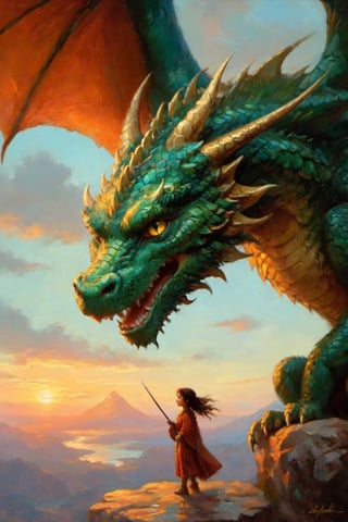 Illustration of a little girl riding the flying dragon;
dragon_eyes:(fiery glow; infinite depth; mysterious darkness;
Sharp pupil; iridescent colors; magical aura;
Scaly eyelid skin; delicate eyelashes; majestic eye shape;
Smoky outline; luminous reflections; terrifying aura)
skin:(scaly, robust, leathery; dark green, iridescent, heavy; heat-resistant, elastic, thick; rough texture, repellent, shimmering)
flying(powerful wing beats, air-cutting; breathtaking heights, fast gliding; strong wind, face-flapping; rough scale feeling, holding fast)
(Against a backdrop of flaming red sunset clouds, a little girl with wild, windswept hair sits on the back of a majestic dragon. Her eyes, large and filled with an unwavering determination, sparkled with a thirst for adventure. The vivid green of the dragon's scales contrasts with her bright blue cloak, which flutters dramatically in the wind. Her small hands cling tightly to one of the dragon's rough, golden scales as she gazes boldly into the unknown horizon.)
details:(The scene radiates a combination of awe and freedom, emphasized by the soft roar of the wind and the powerful sound of the dragon's wings. The reflections of the sunset light on the shimmering dragon scales create a warm, almost magical atmosphere that transforms the young girl into a figure that appears both vulnerable and fearless. Her face, illuminated by hope, reflects a mixture of joy and determination, ready to face whatever adventure lies ahead. The scenery is a visual promise of an epic journey full of challenges and discoveries.)
