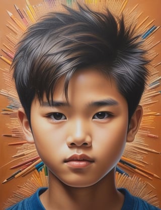 Create an intricate crayon painting artwork, portraying a 15-year-old Asian boy with caramel skin and spiky, short hair. Focus on a close-up of his face, intricately capturing details in the style of crayon painting. Draw inspiration from the intricate details and expressiveness in crayon paintings by Ester Roi, the unique technique and vibrancy in crayon works by Don Marco, and the realism and softness in crayon paintings by Paul Cristina. Craft a superior crayon painting that seamlessly blends these influences into an outstanding portrayal.

