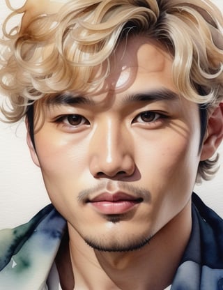 Create a captivating watercolor artwork portraying a 30-year-old Asian man with fair skin, tight and short blonde curly hair. The focus is on a close-up of his face. Use the delicate and fluid nature of watercolors to intricately capture every detail. Craft a superior watercolor piece that gracefully highlights the unique features of his appearance.

