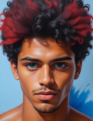 Craft an intense gouache artwork on canvas featuring a 23-year-old Mexican man. Highlight his fair skin tone, blue eyes, and afro-black hair dyed in vibrant red hues in a close-up of his face. Infuse the intense details reminiscent of Denis Chernov's powerful gouache techniques, ensuring superior quality and extreme attention to facial features. Capture the vibrancy seen in Anja Van Herle's portraits for a unique blend of color and emotion, drawing inspiration from the poetic realism of Juan Carlos Manjarrez to deliver a compelling and detailed artistic representation.

