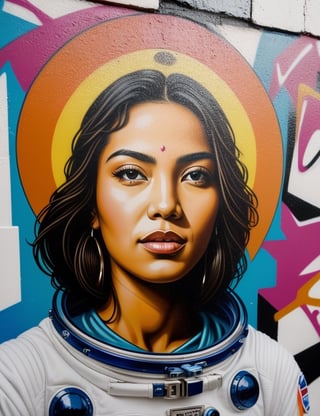"Craft an urban graffiti artwork portraying a stunning 20-year-old Mexican woman. Capture the vibrancy of her light brown complexion and the allure of her short, caramel-colored, slightly wavy hair. She wears a space suit, and the artwork should focus on a frontal, close-up view of her face. Draw inspiration from graffiti artists like Banksy, Os Gêmeos, and Shepard Fairey, known for their ability to create impactful and visually striking works in urban settings."

