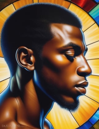 "Craft a radiant glass painting portraying a 20-year-old African man. Highlight the luminous details of his dark black complexion, full lips, short and typical African hairstyle, and the crown on his head. Emphasize the absence of a shirt to showcase his strong muscles. Create a close-up with extreme detailing in the glass painting style. Draw inspiration from artists like Marc Chagall, Tiffany Studios, and Cinta Vidal, known for their ability to blend vibrant details and create expressive works in the style of stained glass."

