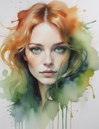 Create a captivating watercolor splash art on canvas featuring a 40-year-old European woman. Her fair skin, green eyes, and slightly curly, wavy hair should be depicted in a close-up of her face. Infuse the artwork with the intricate details reminiscent of Agnes Cecile's watercolor technique, ensuring superior quality and extreme attention to facial features. Channel the essence of Anna Cattish's portraiture for a unique blend of realism and emotion, inspired by the exquisite and detailed style of Helene Delmaire.

