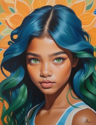 Craft an expressive gouache artwork on canvas featuring a 15-year-old Australian girl. Emphasize her caramel skin tone, green eyes, and tightly curled, cohesive blue hair in a close-up of her face. Infuse the expressive details reminiscent of Karla Ortiz's dynamic gouache techniques, ensuring superior quality and extreme attention to facial features. Capture the vibrancy seen in Helice Wen's portraits for a unique blend of color and emotion, drawing inspiration from the detailed technique of Audra Auclair to deliver a captivating and detailed artistic representation.

