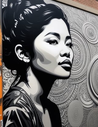 Create an intricate graphite artwork on an urban wall, portraying a 30-year-old Asian woman with curly, black hair. Focus on a close-up of her face, intricately capturing details in the style of urban wall art. Draw inspiration from the intricate details and expressiveness in urban art by Banksy, the richness of details and vibrant colors in the works of Obey Giant, and the fusion of realism and abstraction in the urban creations of Swoon. Craft a superior graphite mural that seamlessly blends these influences into an outstanding portrayal.

