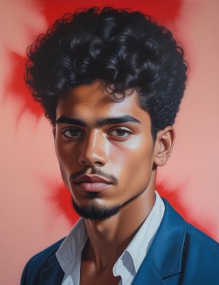 Craft an intense gouache artwork on canvas featuring a 23-year-old Mexican man. Highlight his fair skin tone, blue eyes, and afro-black hair dyed in vibrant red hues in a close-up of his face. Infuse the intense details reminiscent of Denis Chernov's powerful gouache techniques, ensuring superior quality and extreme attention to facial features. Capture the vibrancy seen in Anja Van Herle's portraits for a unique blend of color and emotion, drawing inspiration from the poetic realism of Juan Carlos Manjarrez to deliver a compelling and detailed artistic representation.

