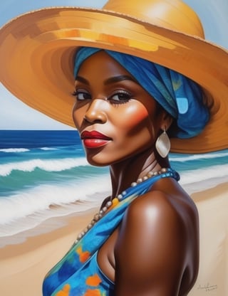 "Capture the timeless elegance of a 60-year-old Nigerian woman in a vibrant splash painting. Infuse the canvas with the dynamic details of her dark ebony complexion, straight yet curly caramel-colored hair, and the serene scene of her wearing a beach hat on the seashore. Create a close-up of her face, emphasizing the richness of her features. Draw inspiration from splash artists like Sam Francis, Holton Rower, and Hua Tunan, known for their ability to evoke emotion and depth through the bold use of color."

