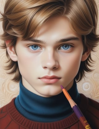 Create an intricate crayon painting artwork, portraying a 14-year-old Russian boy with white skin and caramel-colored eyes. Focus on a close-up of his face, intricately capturing details in the style of crayon painting. Draw inspiration from the intricate details and expressiveness in crayon paintings by Ester Roi, the unique technique and vibrancy in crayon works by Don Marco, and the realism and softness in crayon paintings by Paul Cristina. Craft a superior crayon painting that seamlessly blends these influences into an outstanding portrayal.

