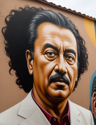 "Create a monumental wall painting portraying a 60-year-old Russian man. Capture the grandeur of his white and elegant suit, showcasing the details of his grey, curly hair, and deep dark brown eyes in a close-up of his face. Draw inspiration from muralists like Diego Rivera, Banksy, and Kobra, known for their ability to convey identity and stories through impactful and large-scale wall paintings."

,Masterpiece